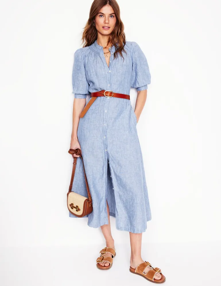 Ada Linen Midi Dress-Grey Blue Chambray-Boden Discount