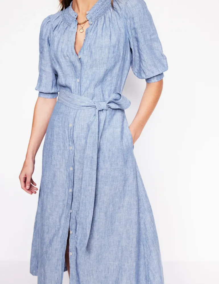 Ada Linen Midi Dress-Grey Blue Chambray-Boden Discount