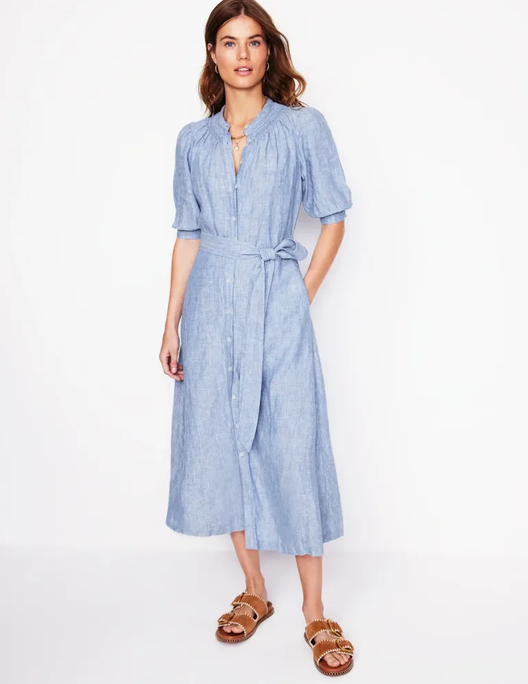 Ada Linen Midi Dress-Grey Blue Chambray-Boden Discount