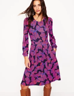 Alexandra Blouson Jersey Dress-French Navy, Bow Scatter-Boden Sale