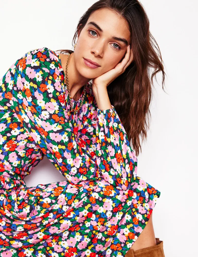 Alexandra Blouson Jersey Dress-Multi, Painterly Meadow-Boden Fashion