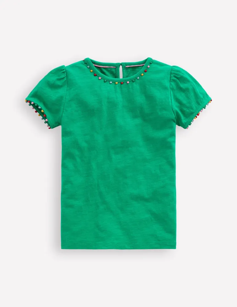 Ali Puff Sleeve Pom T-shirt-Bright Emerald-Boden Online