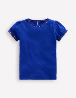 Ali Puff Sleeve Pom T-shirt-Bright Blue-Boden New