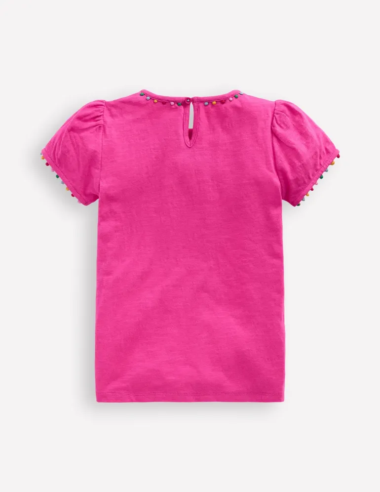 Ali Puff Sleeve Pom T-shirt-Flamingo Pink-Boden Store