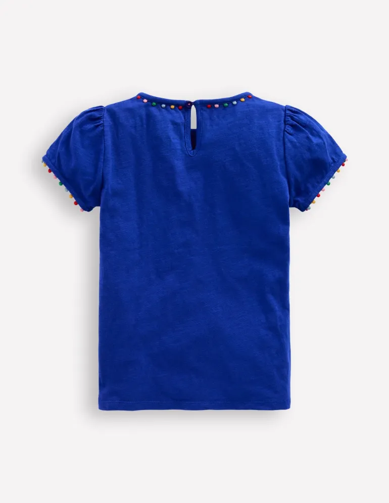 Ali Puff Sleeve Pom T-shirt-Bright Blue-Boden New