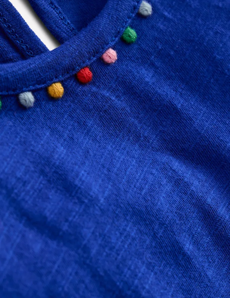 Ali Puff Sleeve Pom T-shirt-Bright Blue-Boden New