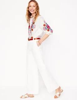 Alicia Linen Top-White, Floral Embroidery-Boden Store
