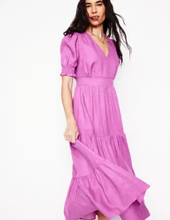 Anna Linen Tiered Midi Dress-Foxglove Purple-Boden Clearance
