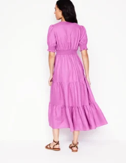 Anna Linen Tiered Midi Dress-Foxglove Purple-Boden Clearance