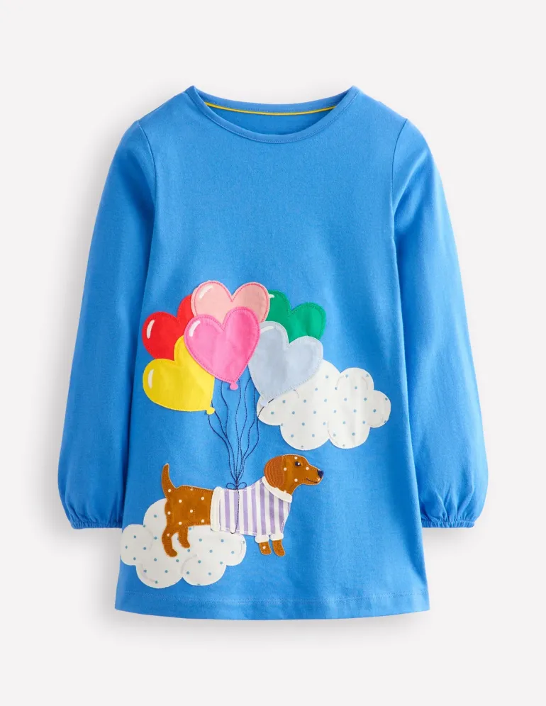 Appliqué Jersey Tunic-Peacock Plume Blue Dog-Boden Hot