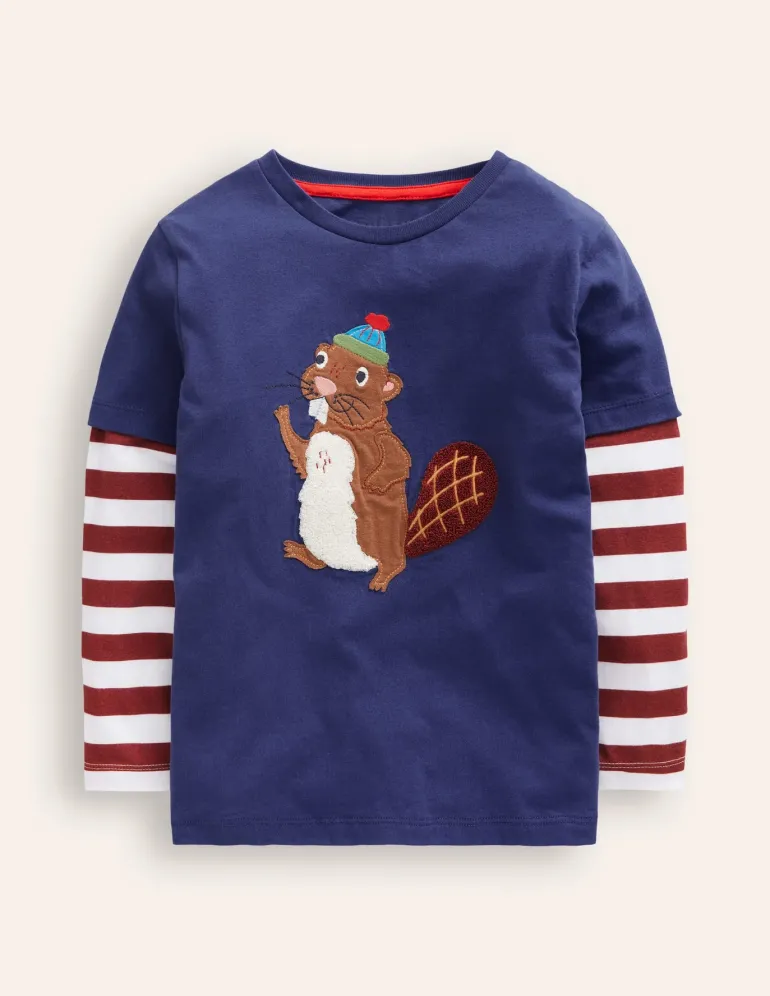 Applique Mock Sleeve T-Shirt-Starboard Blue Beaver-Boden Discount