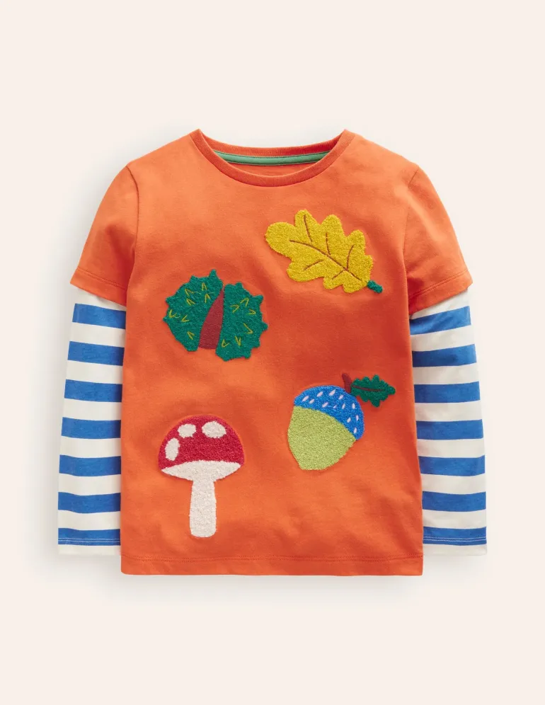 Applique Mock Sleeve T-Shirt-Autumn Maple Orange-Boden New
