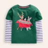 Applique Mock Sleeve T-Shirt-Jewel Green Festive Animals-Boden Clearance