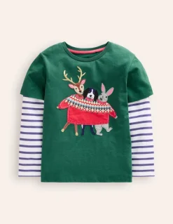Applique Mock Sleeve T-Shirt-Jewel Green Festive Animals-Boden Clearance