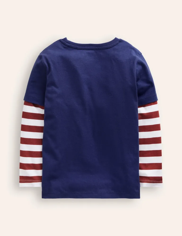 Applique Mock Sleeve T-Shirt-Starboard Blue Beaver-Boden Discount