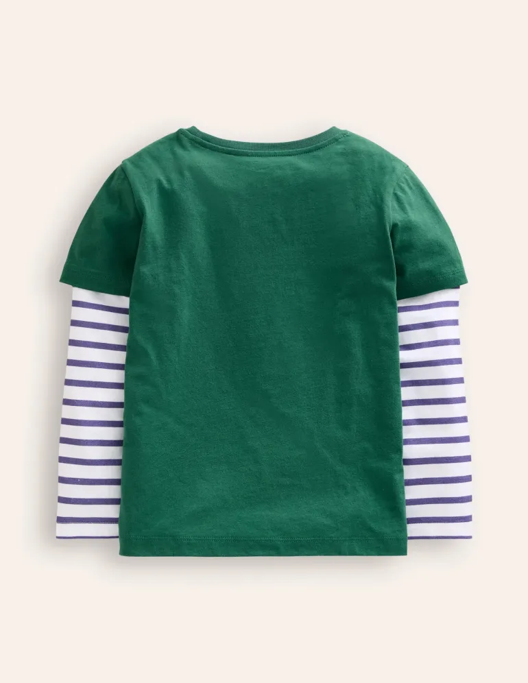 Applique Mock Sleeve T-Shirt-Jewel Green Festive Animals-Boden Clearance