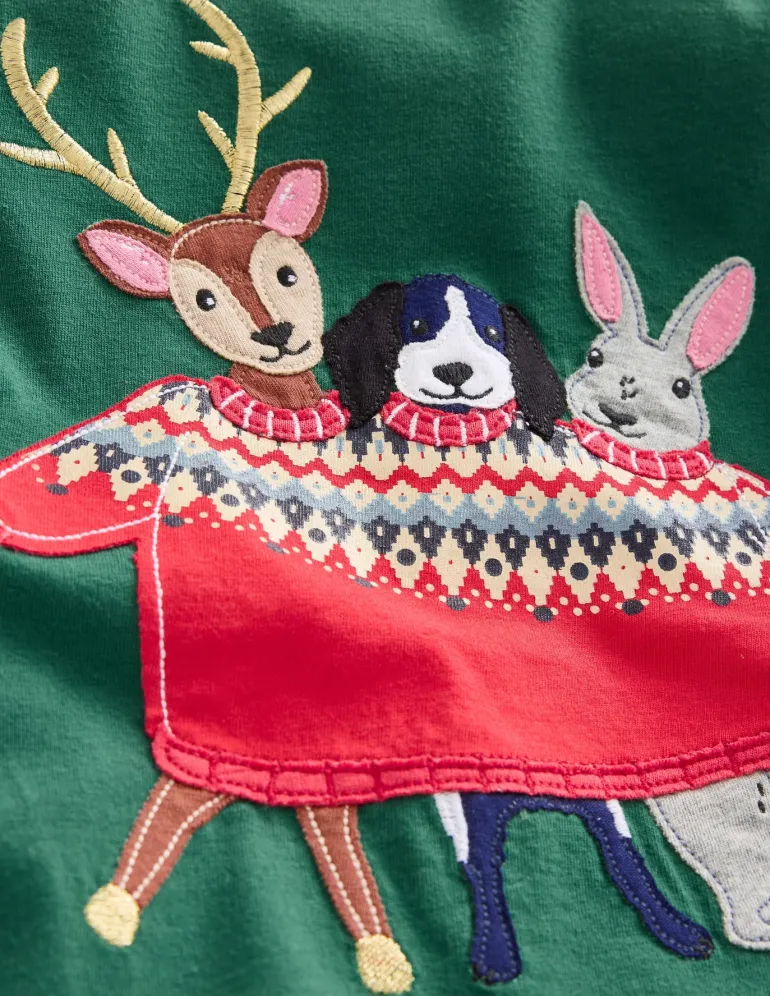 Applique Mock Sleeve T-Shirt-Jewel Green Festive Animals-Boden Clearance