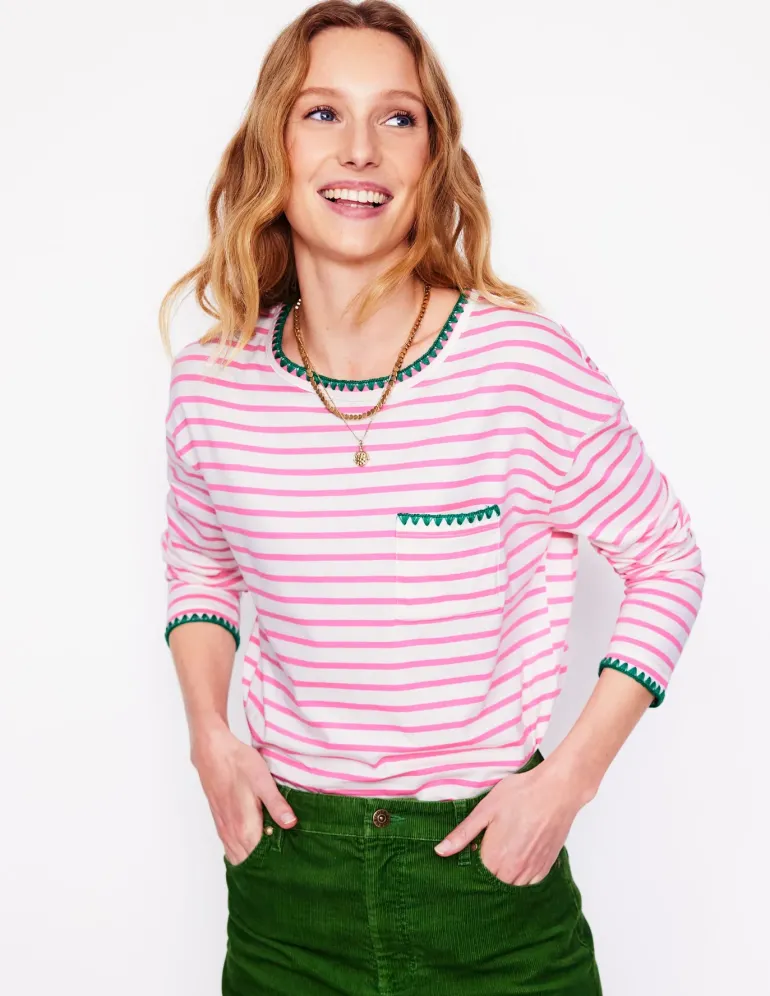 Blanket Stitch Boxy Top-Ivory, Pink Rose-Boden Best Sale