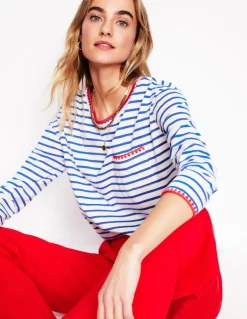 Blanket Stitch Boxy Top-Ivory, Gallery Blue-Boden Online