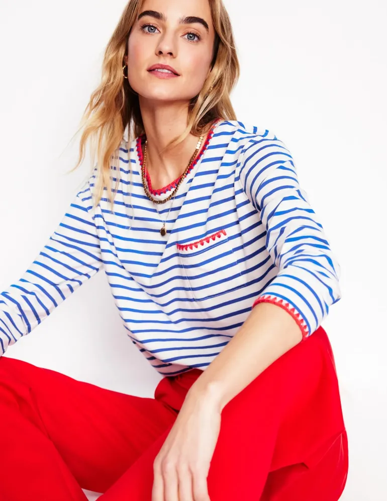 Blanket Stitch Boxy Top-Ivory, Gallery Blue-Boden Online