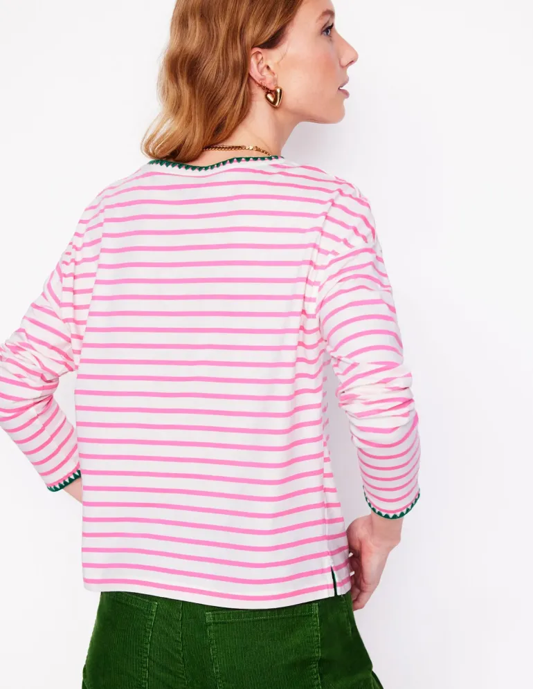 Blanket Stitch Boxy Top-Ivory, Pink Rose-Boden Best Sale