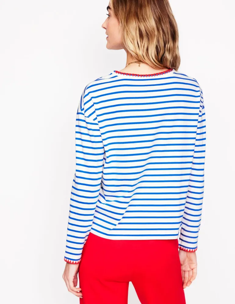 Blanket Stitch Boxy Top-Ivory, Gallery Blue-Boden Online