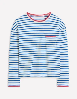 Blanket Stitch Boxy Top-Ivory, Gallery Blue-Boden Online