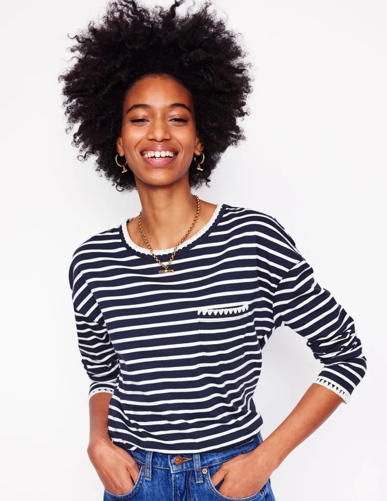 Blanket Stitch Boxy Top-Navy, Ivory-Boden Best