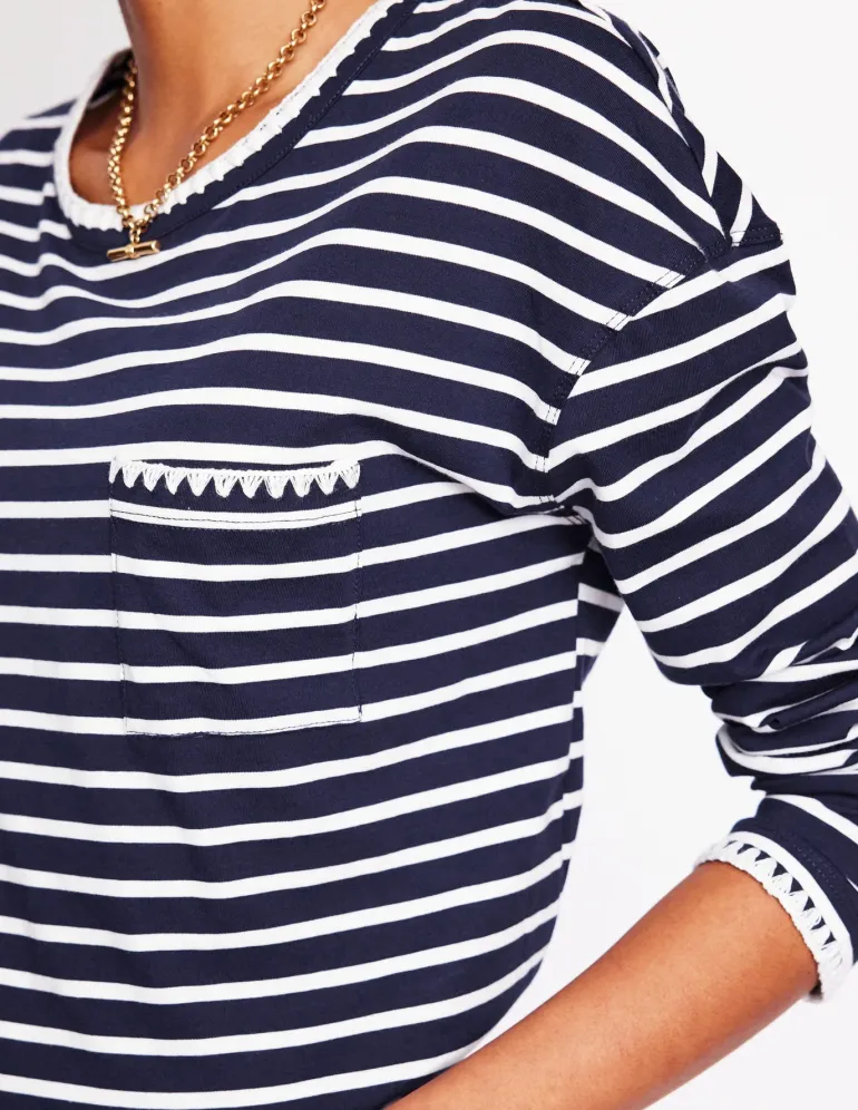 Blanket Stitch Boxy Top-Navy, Ivory-Boden Best