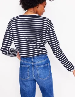Blanket Stitch Boxy Top-Navy, Ivory-Boden Best