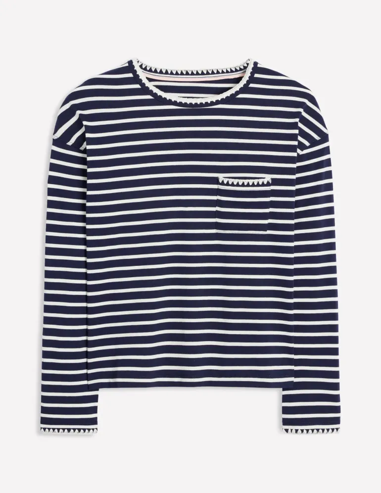 Blanket Stitch Boxy Top-Navy, Ivory-Boden Best