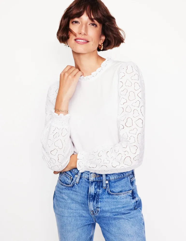 Broderie Sleeve Frill Neck Top--Boden Online