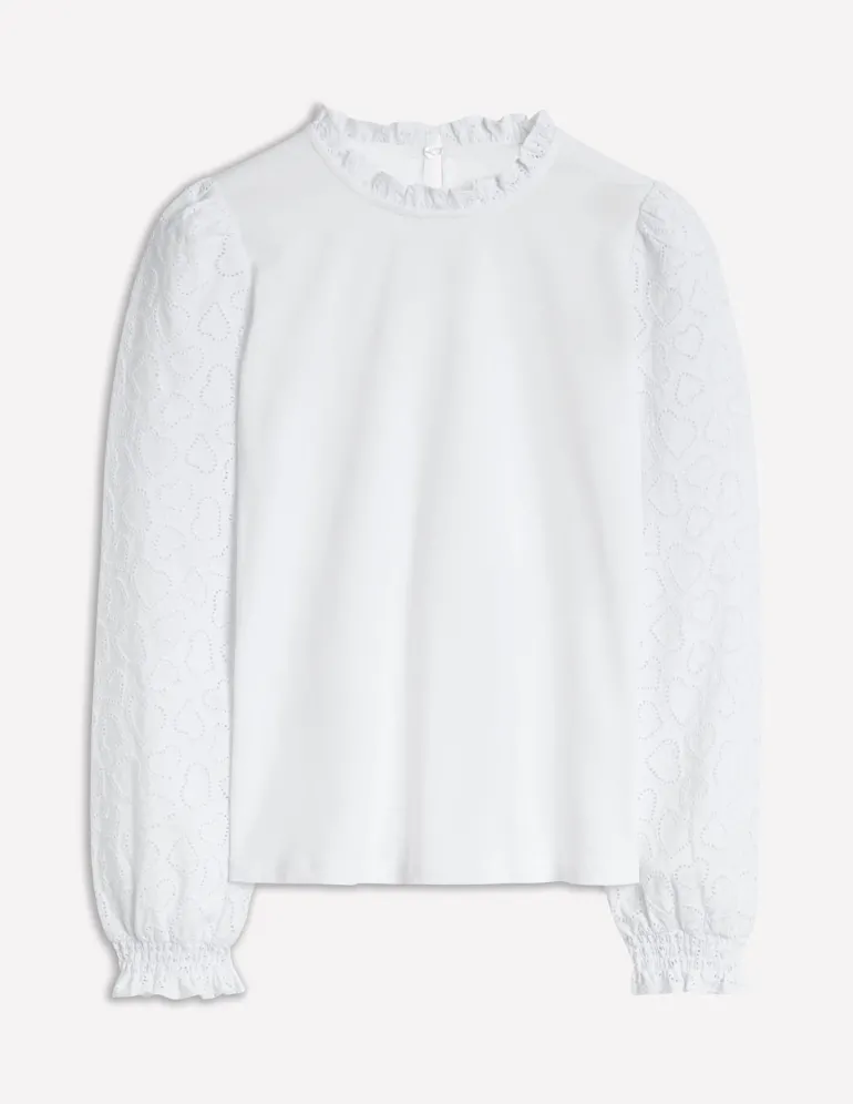 Broderie Sleeve Frill Neck Top--Boden Online