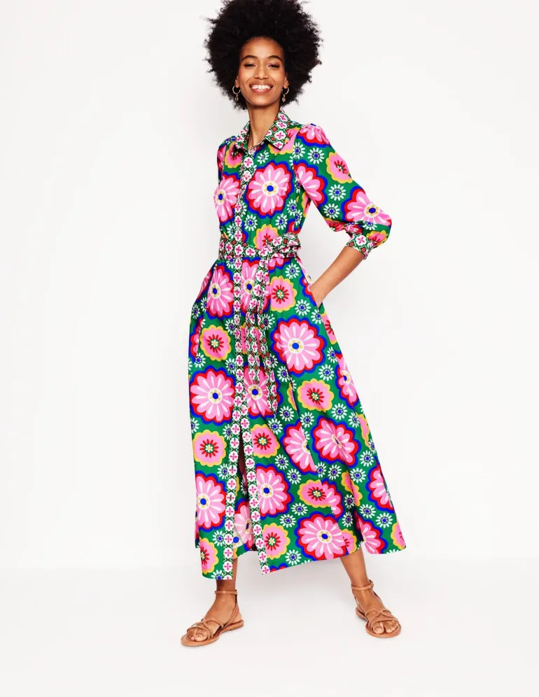 Clara Cotton Shirt Dress-Multi, Flower Tile-Boden Online