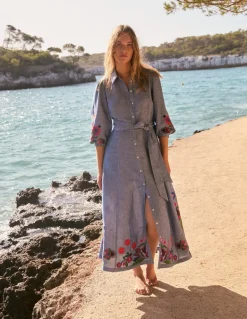 Clara Linen Blend Shirt Dress-Blue Chambray, Embroidered-Boden Clearance