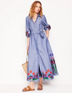Clara Linen Blend Shirt Dress-Blue Chambray, Embroidered-Boden Clearance
