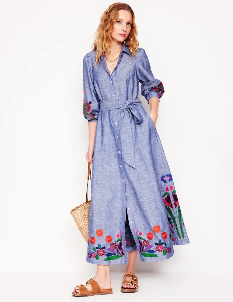 Clara Linen Blend Shirt Dress-Blue Chambray, Embroidered-Boden Clearance