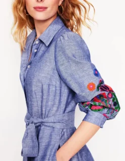 Clara Linen Blend Shirt Dress-Blue Chambray, Embroidered-Boden Clearance