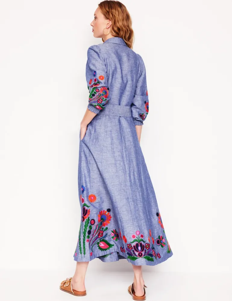 Clara Linen Blend Shirt Dress-Blue Chambray, Embroidered-Boden Clearance