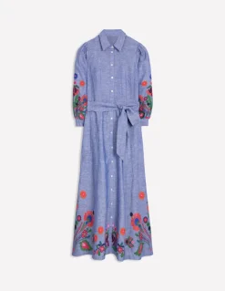 Clara Linen Blend Shirt Dress-Blue Chambray, Embroidered-Boden Clearance