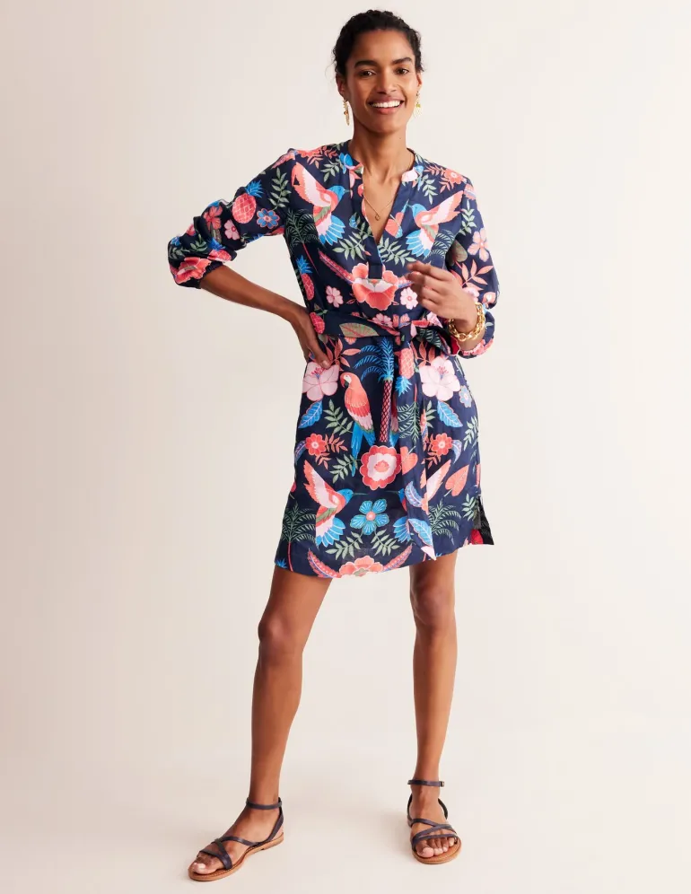 Cleo Tie Waist Linen Dress-Multi, Tropic Parrot-Boden Shop