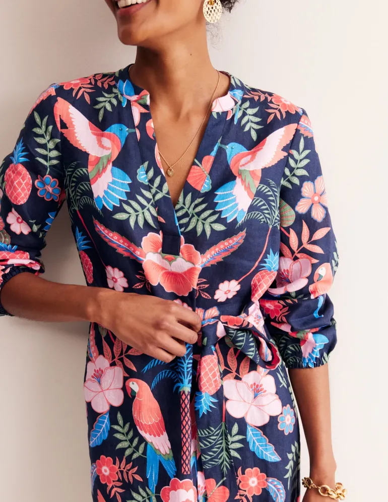 Cleo Tie Waist Linen Dress-Multi, Tropic Parrot-Boden Shop