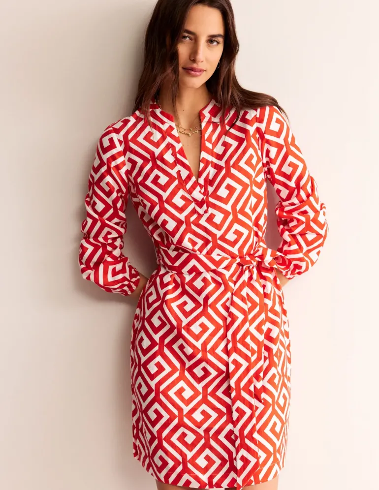 Cleo Tie Waist Linen Dress-Flame Scarlet, Maze-Boden Outlet
