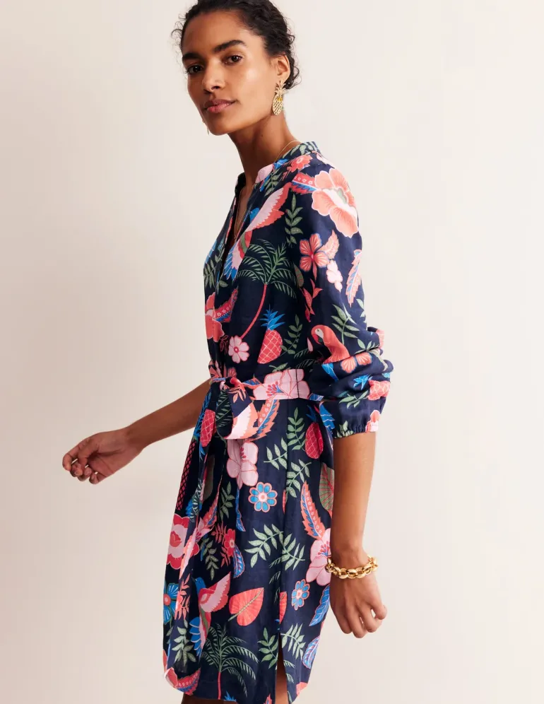 Cleo Tie Waist Linen Dress-Multi, Tropic Parrot-Boden Shop