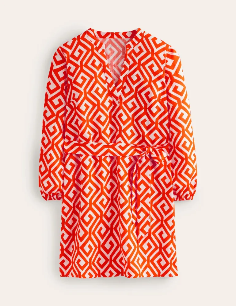 Cleo Tie Waist Linen Dress-Flame Scarlet, Maze-Boden Outlet