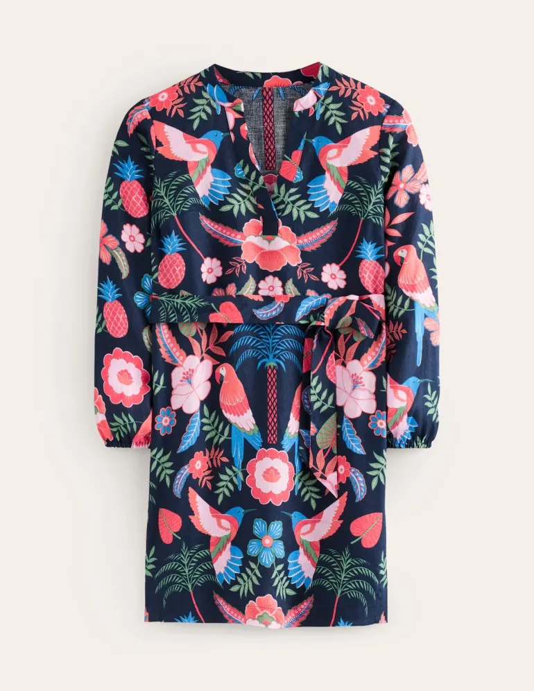 Cleo Tie Waist Linen Dress-Multi, Tropic Parrot-Boden Shop