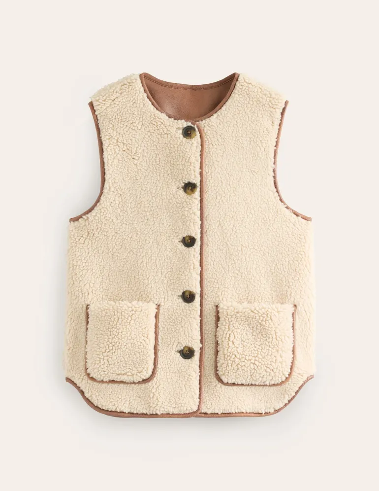 Clerkenwell Borg Button Gilet-Natural Faux Fur-Boden Discount