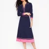 Collared Pleated Knitted Dress-Navy/Pink Colourblock-Boden Flash Sale