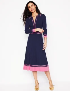 Collared Pleated Knitted Dress-Navy/Pink Colourblock-Boden Flash Sale