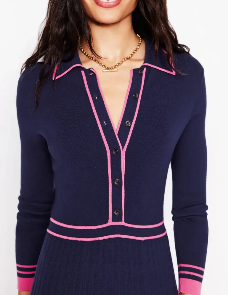 Collared Pleated Knitted Dress-Navy/Pink Colourblock-Boden Flash Sale